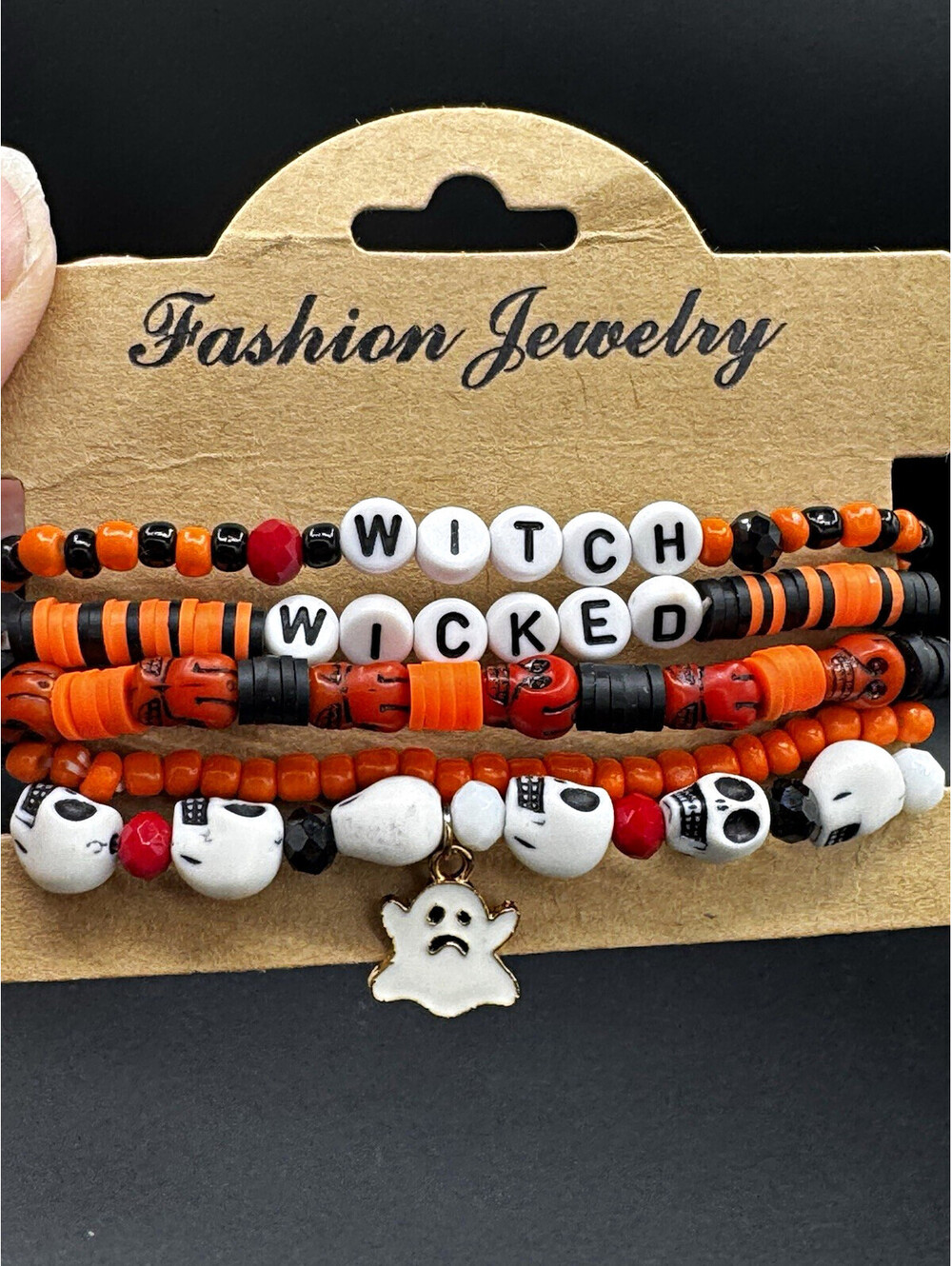 Halloween Beaded Stretch Bracelet Set WITCH WICKED Skull Ghost Dangle Charm